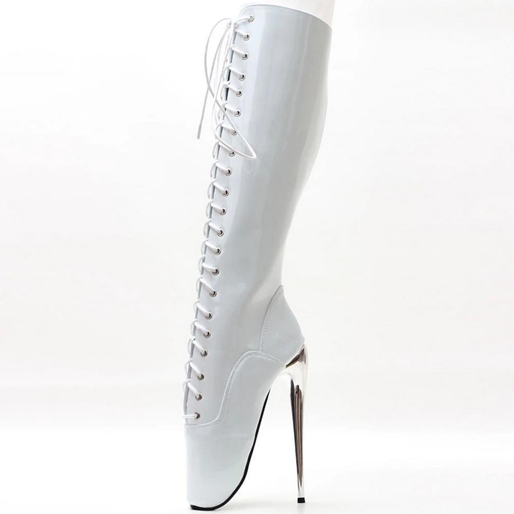 Fashion FHC 18CM High Heel Unisex Knee High Ballet Boots,Queen Dance Shoes,Fetish SM Botas,Front Laces,White,Black,Red,Customized Color