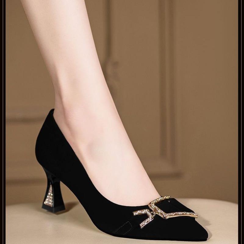 Black pointed high heels women's spring and autumn mid-heel new temperament shallow mouth professional work shoes single shoes women