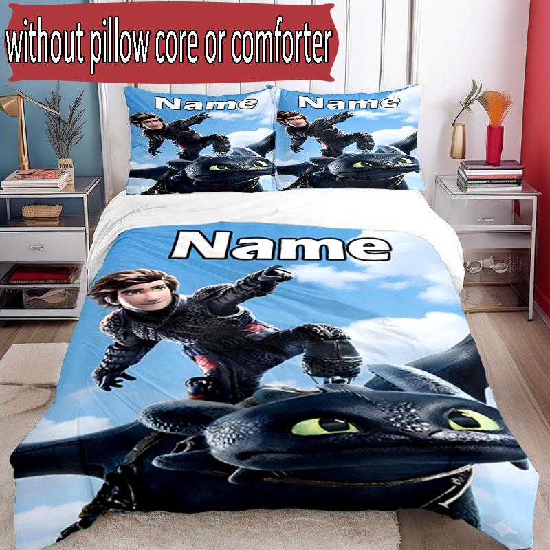 3pcs Duvet Cover Set (1*Duvet Cover + 2*Pillowcase, Without Core), Custom Name How to Train Your Dragon Pattern Bedding Set, Home Bedroom Decor Gift
