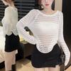 Backless design round neck grid hollow thin long-sleeved knitted sweater women's spring and summer simple and thin sunscreen top