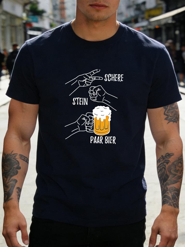Unisex Navy Tee Gerunisex Rock Paper Beer Hand Gesture Text Print Short Sleeve Loose Casual Street Basic Top For Adult Male Daily Wear