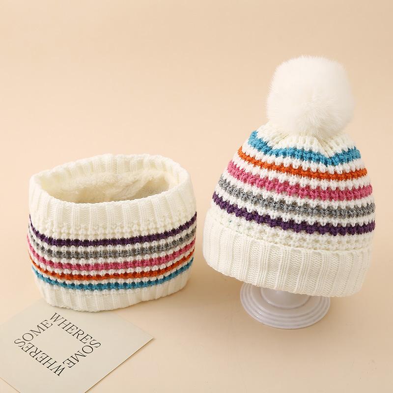 Winter Children's Plush Thick Colored Striped Woolen Hat, Scarf Gloves, Three Piece Set, Outdoor Cold Proof and Warm Hat