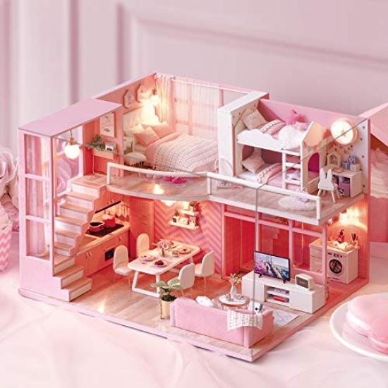 CUTEROOM DIY Wooden Dollhouse Kit with LED Lights & Music Box, Dustproof Cover, Furniture & Miniature Accessories Set, Handmade Miniature House, Gift