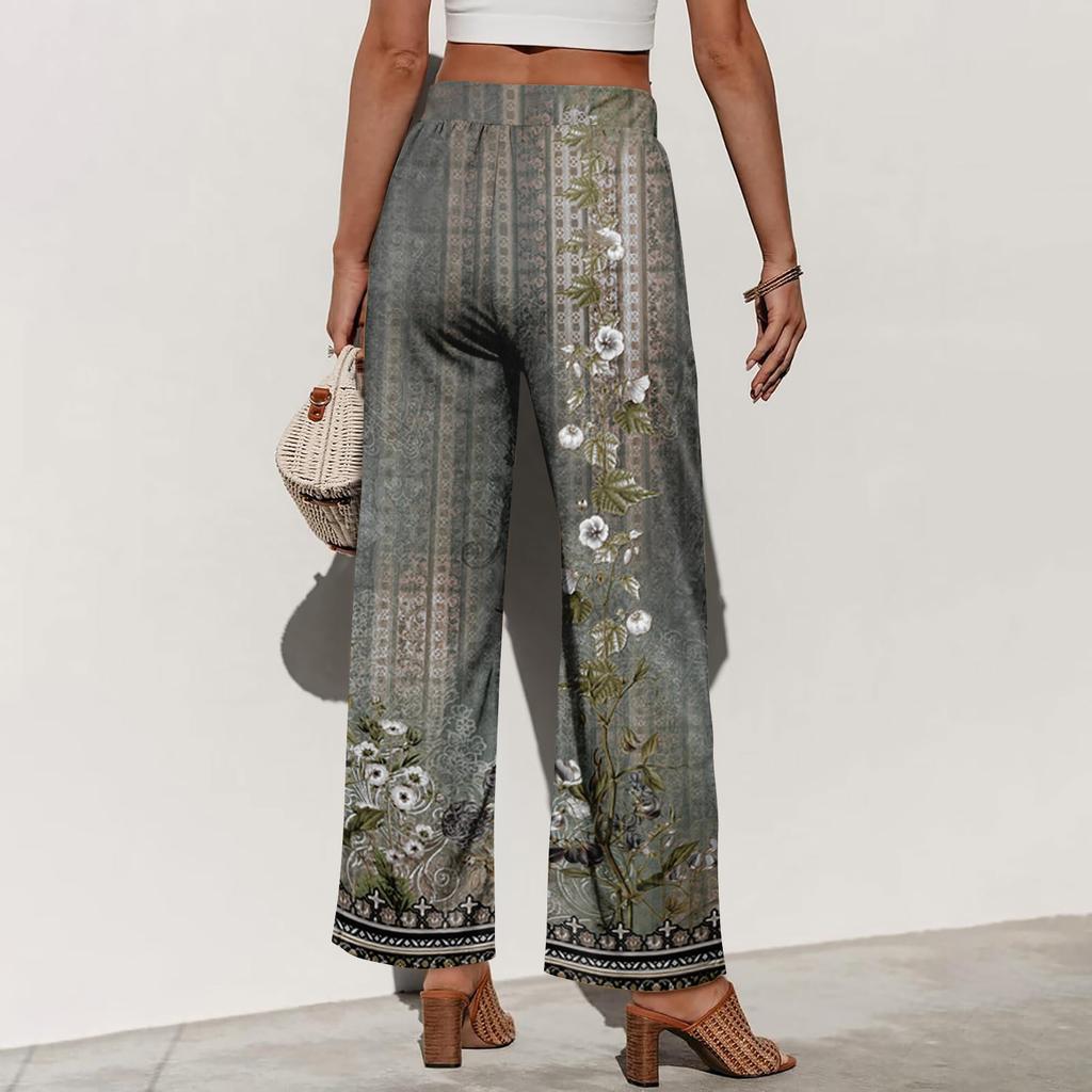 Damen Sommer Boho Palazzo Hose Hohe Taille Weites Bein Blumendruck Freizeithose Mit Taschen