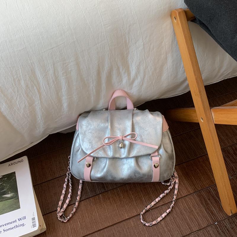 New Stylish and Personalized Women s Backpacks PU Bow Lace Fashionable Underarm Bag Trendy Versatile Travel Backpack серебряный