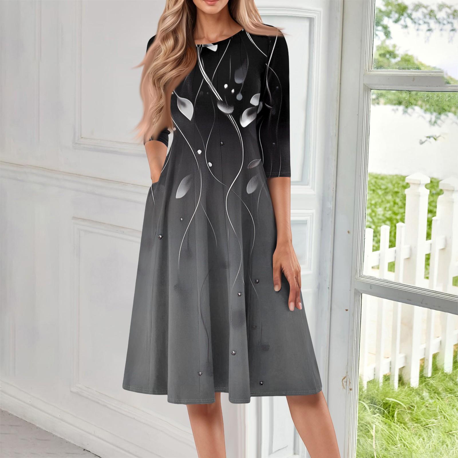 

Женское повседневное модное платье миди с круглым вырезом и рукавом три четверти L чёрный