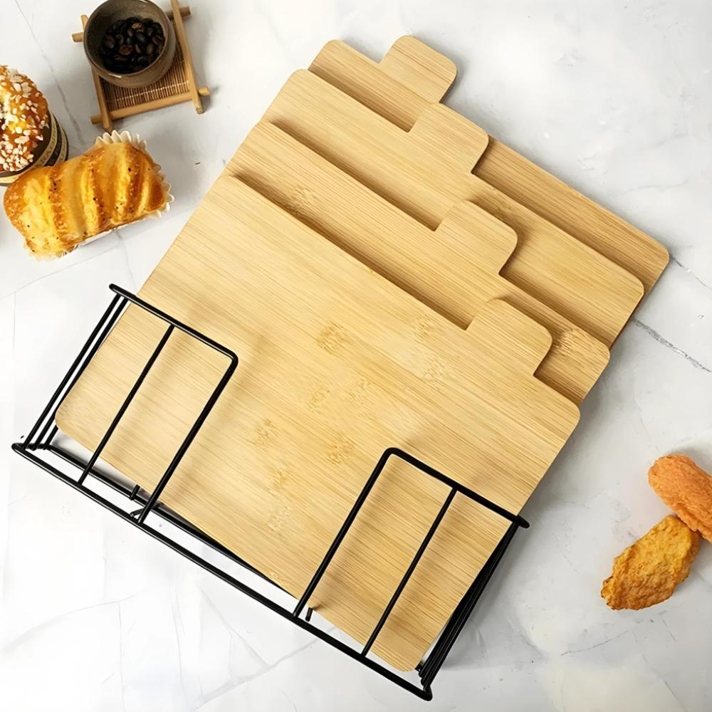 Set of 4 cutting board serving kitchen bamboo wooden + stand