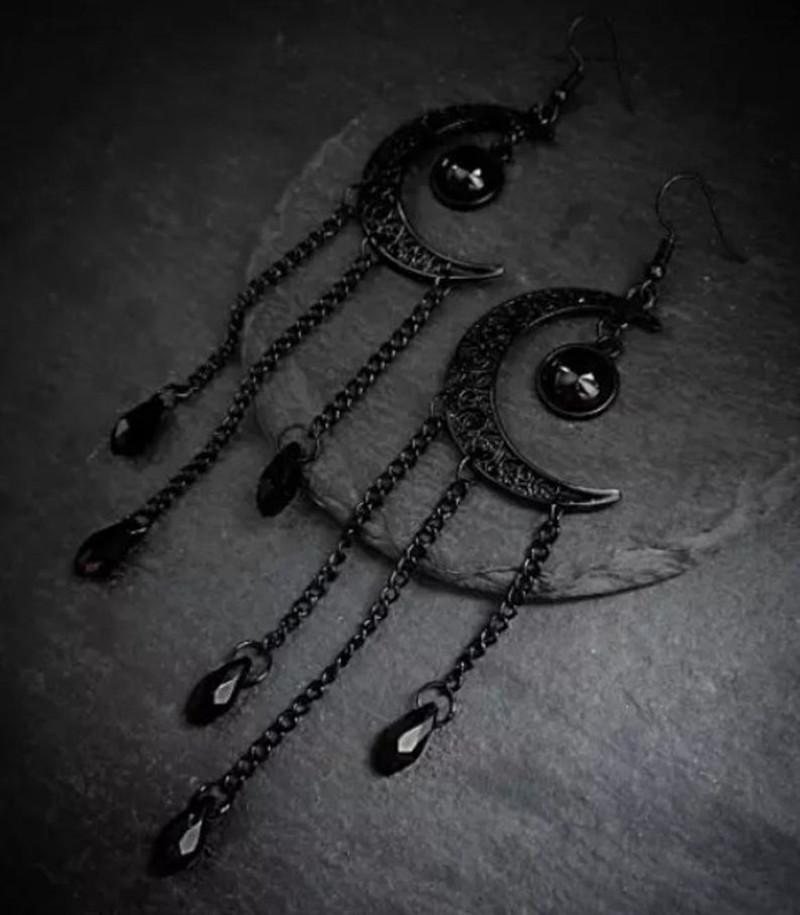Alternative Bohemia Black Moon Solar System Water Droplet Tassel Dangle Earrings for Women Gothic Hallowmas Party Jewelry Gifts