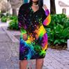 Women Plus Size V Neck Long Sleeve Black Printed Fitted Dress