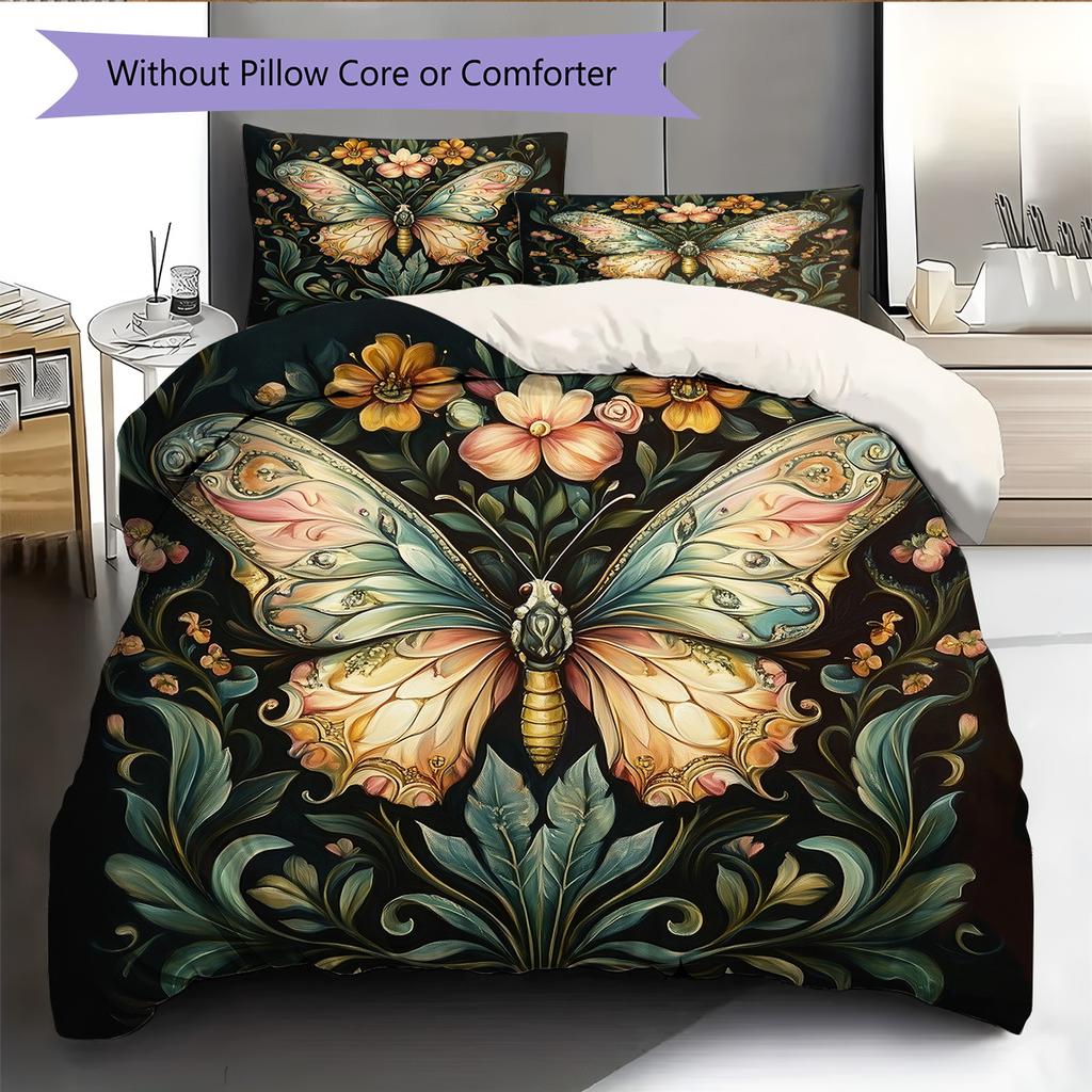 Butterfly in Flower Bushes  Pattern Bedding Quilt Set Quilt Cover Pillowcase Home Decoration  Gift (1 * duvet cover + 2 * pillowcase, without core)