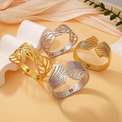 Gold Plated Leaf Cuff Bracelet: European & American Style, Personalized, Fashionable, Versatile Jewelry for Women, Light Luxury, Wide Open Design.
