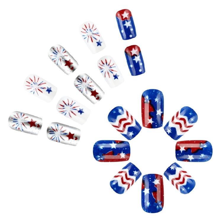 Independence Day French Tip Press on Nail Short Square Fake Nail Glues on Nail Artificial False Nail for Nail Decors