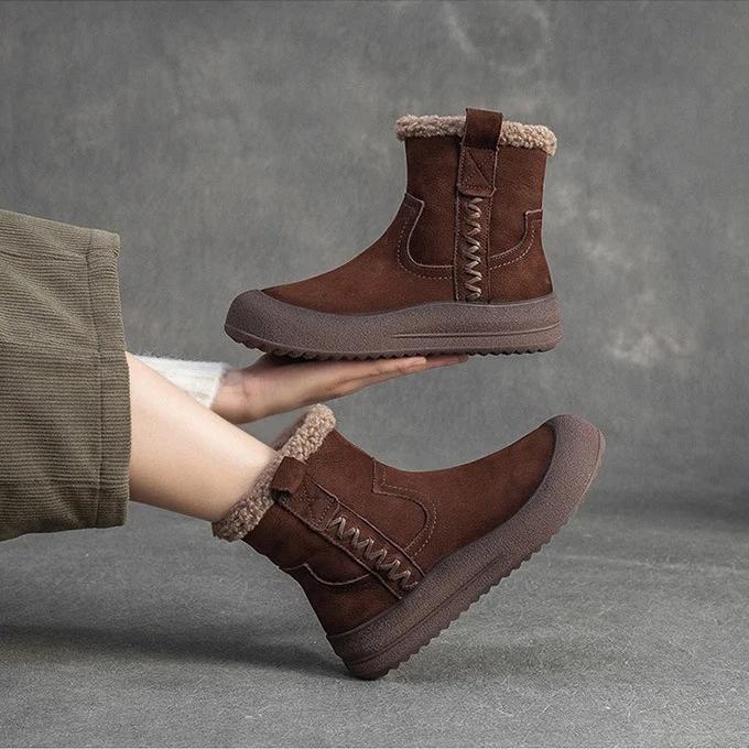 Johnature Plush Warm Retro Genuine Leather Thick Bottom Short Boots Versatile Soft Soled Women's Shoes
