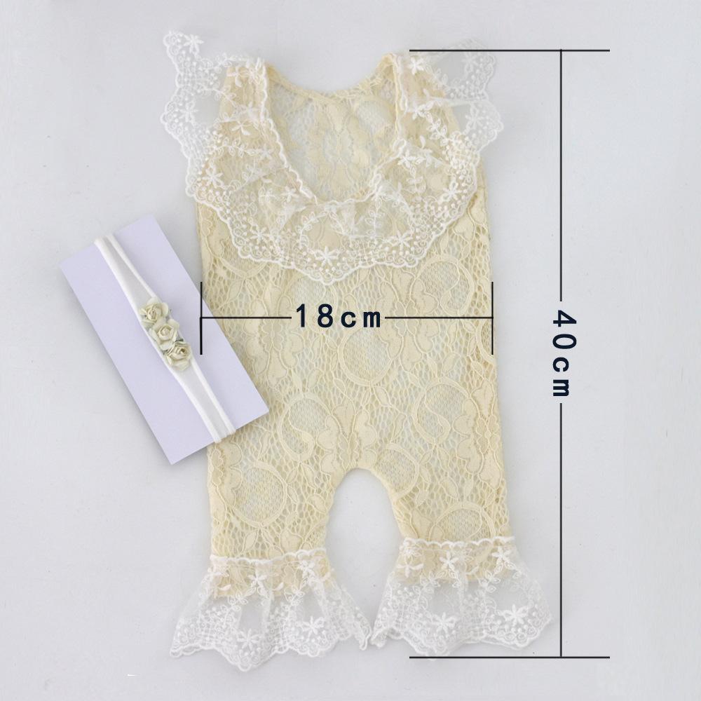 1 Set Newborn Photography Clothing Baby Photo Outfit Baby Lace Bell Bottom Onesie with Headband Country Cartoon Off White
