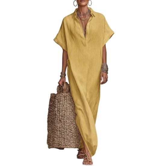 

Летнее хлопково-льняное платье для женщин с коротким рукавом на пуговицах, длинное, повседневное, свободное, пляжная туника, сарафан XXL жёлтый
