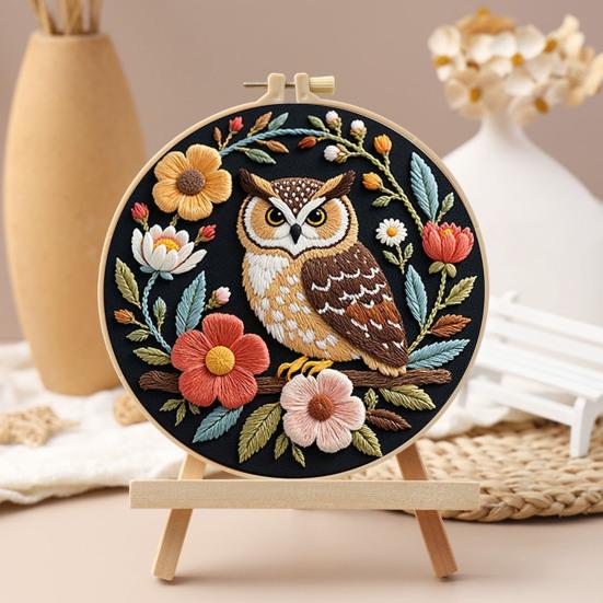 1 Set Owl Embroidery Kit with Hoop Threads Needles Beginners Pre-Stamped Bird Cross Stitch