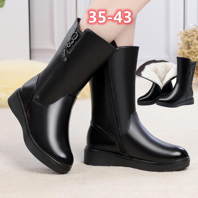 Women Boots Quality Genuine Leather Boot Fashion Mid-calf Leather Boot Thicken Wool Plush Warm Winter Boots Botas Invierno Mujer