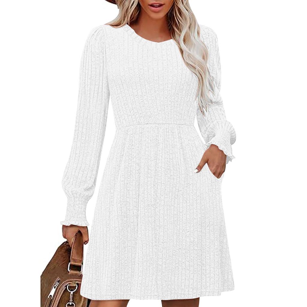 Women's Fashionable Loose-Fit Long-Sleeved Round-Neck Patchwork Solid-Colour Dress