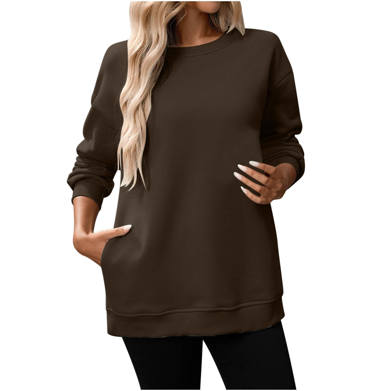 Женские зимние топы женская толстовка с длинным рукавом повседневная с круглым вырезом свободный крой флисовые топы Pollover XXL кофейный 1870₽