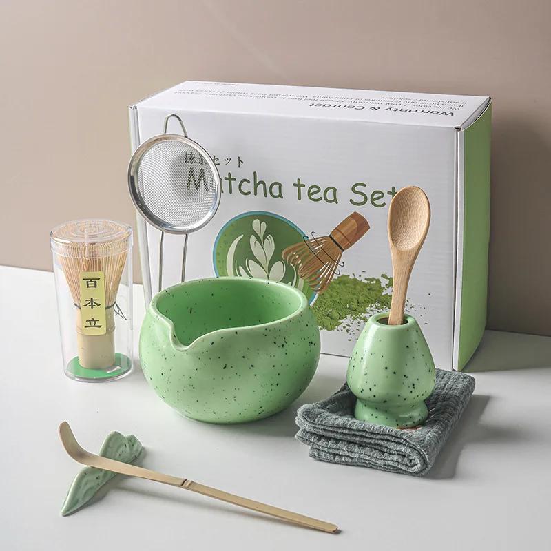 1-8 Ceramic Matcha Sand Dot Small Round Bowl With Pouring Spout Smooth Matcha Whisk Holder Reusable Matcha Making Kit Tea Lovers