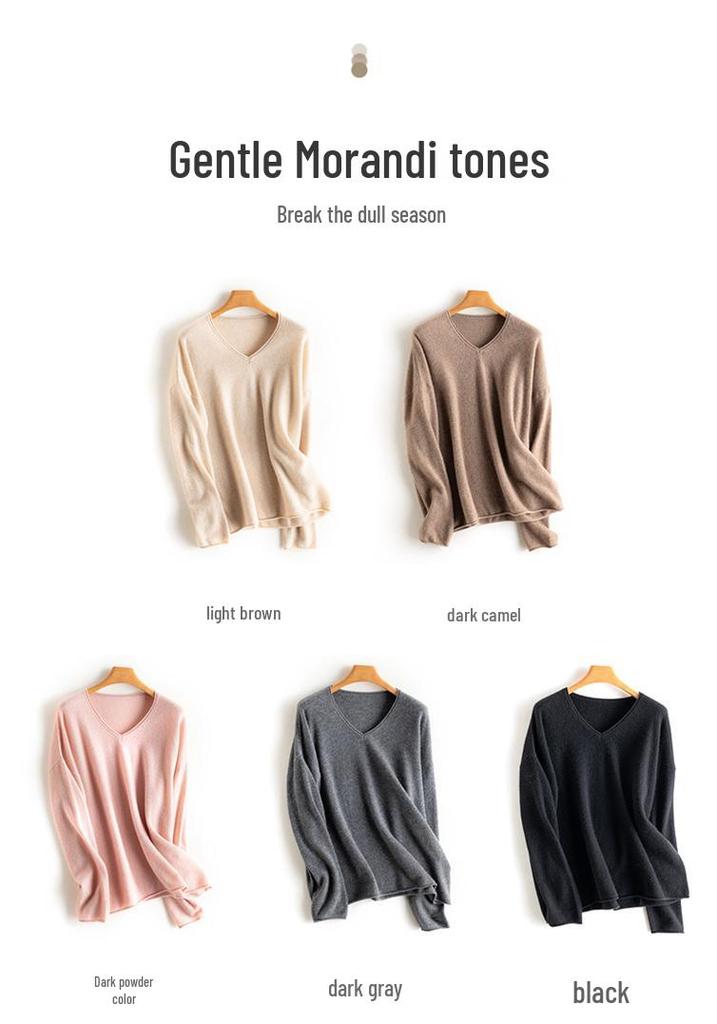 Women's V-Neck Cashmere Pullover Sweater - Loose Fit, Long Sleeve, Versatile for Autumn & Winter.