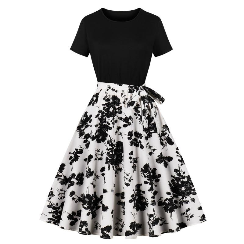 Summer New Retro Women's Crew Neck Short Sleeve Black Patchwork Printing Pendulum Dress