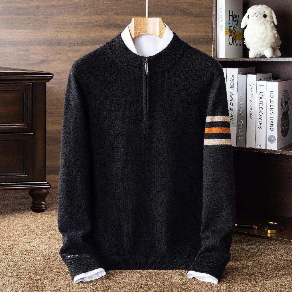 Men's Plus Size Trendy Half-Zip Wool Sweater: Autumn/Winter Fleece Pullover, Warm Casual Knit.