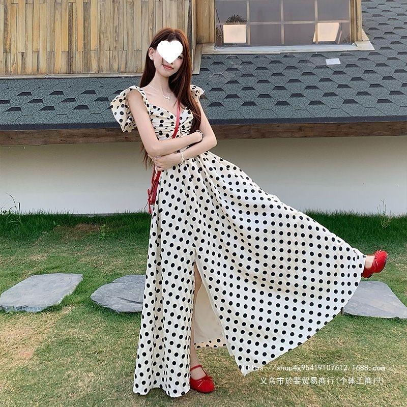 Super Fairy French High-end Polka Dot Dress for Women's Summer New Pleated Waist and Thin Temperament Flying Sleeve Long Dress