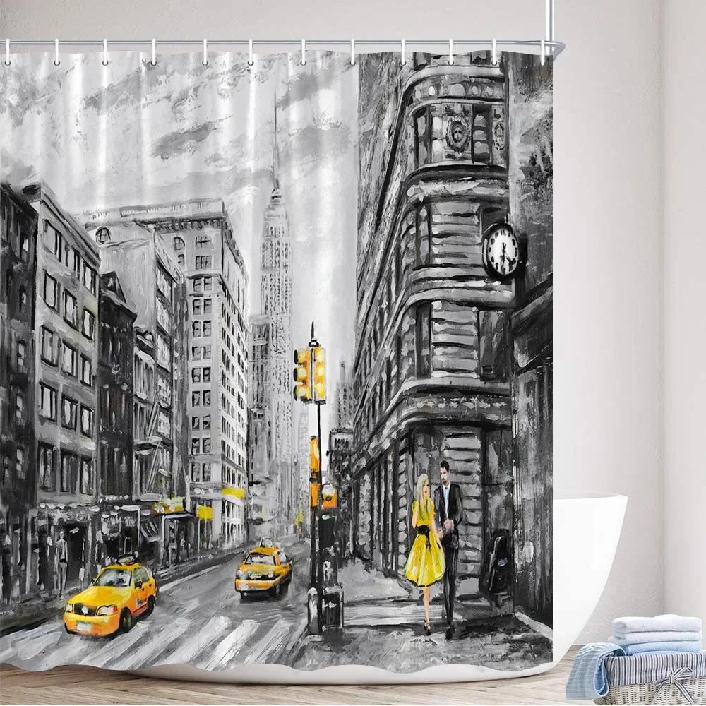 Vintage Paris City Scenery Shower Curtain  Tower Pink Rose Flower Painting Spring Bathroom Decor Waterproof Screen With Hooks