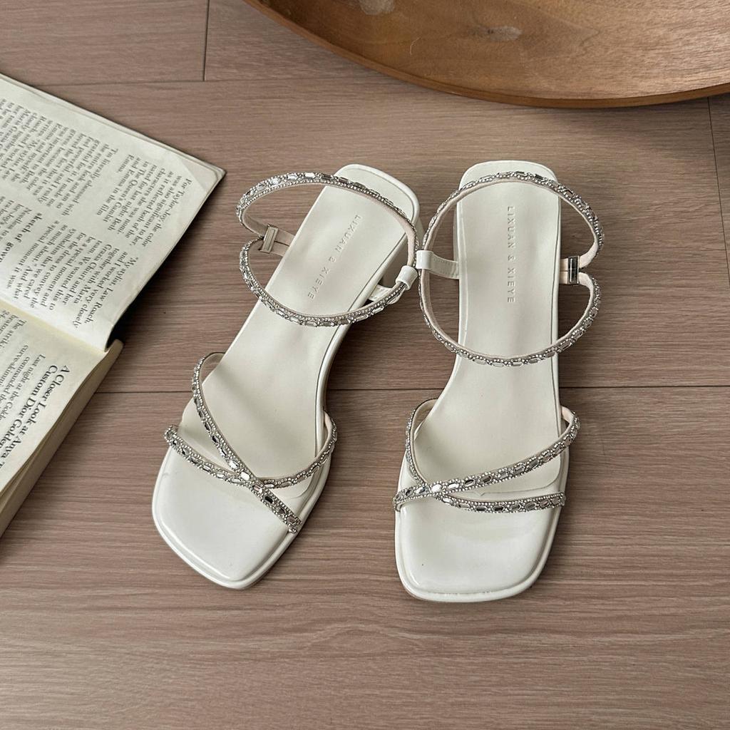 Coarse heel high heel rhinestone sandals women's summer wear 2025 new beautiful fashion temperament with skirt high heels