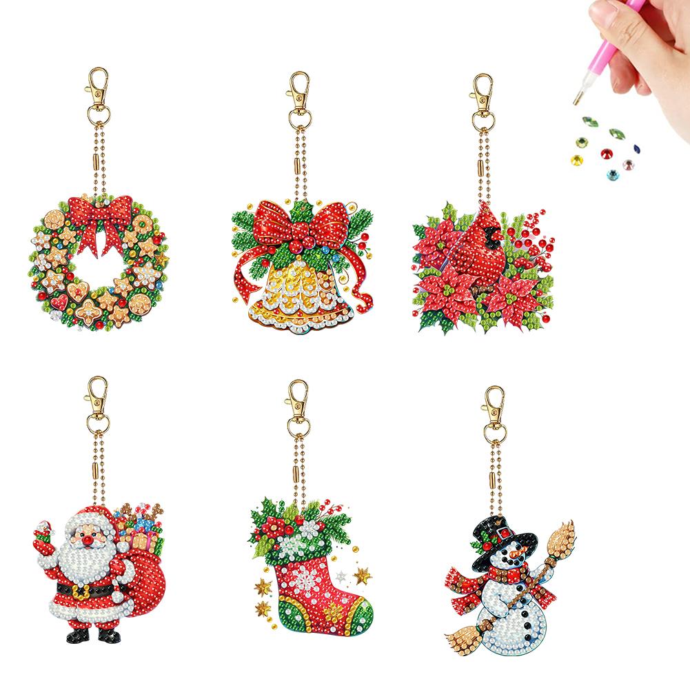6PCS 2D Flat DIY Diamond Painting Keychain Double Sided Drill Small Crystal Painting Keyrings Diamond Art Kits Gift for Friends
