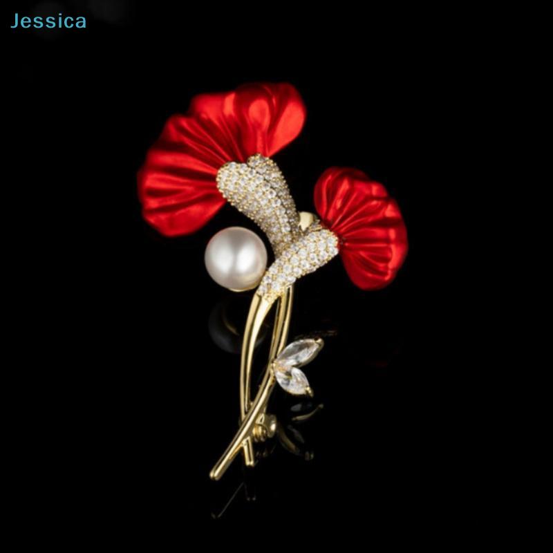 Red Flower Brooch with Pearl - Gold Plated Rhinestone Floral Pin for Women