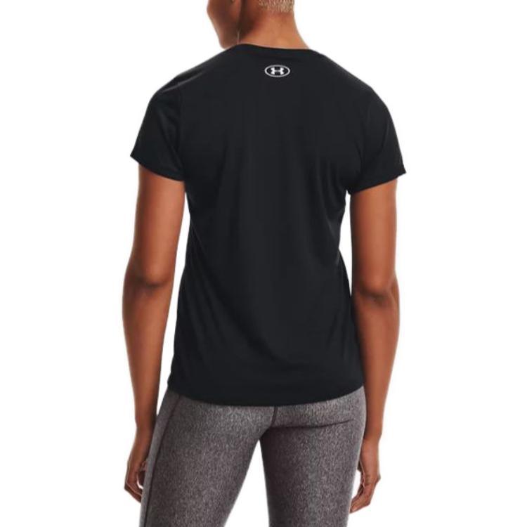 Under Armour Solid Color Logo V-Neck Short Sleeve T-Shirt Women Tops Black 1255839-002