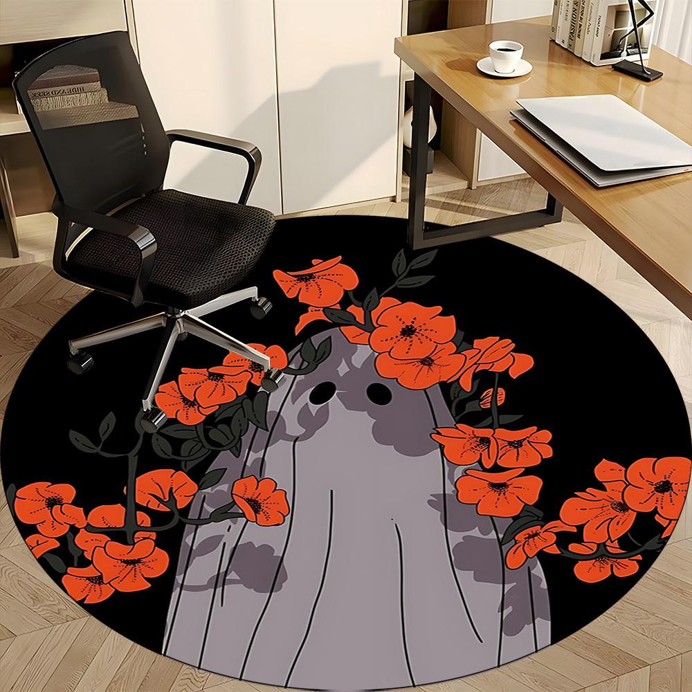 1pc Ghost Flowers Office Round Area Rug, Mat Suitable For Office, Under Office Chairs Bedroom Living Room Home Decor, Room Deco