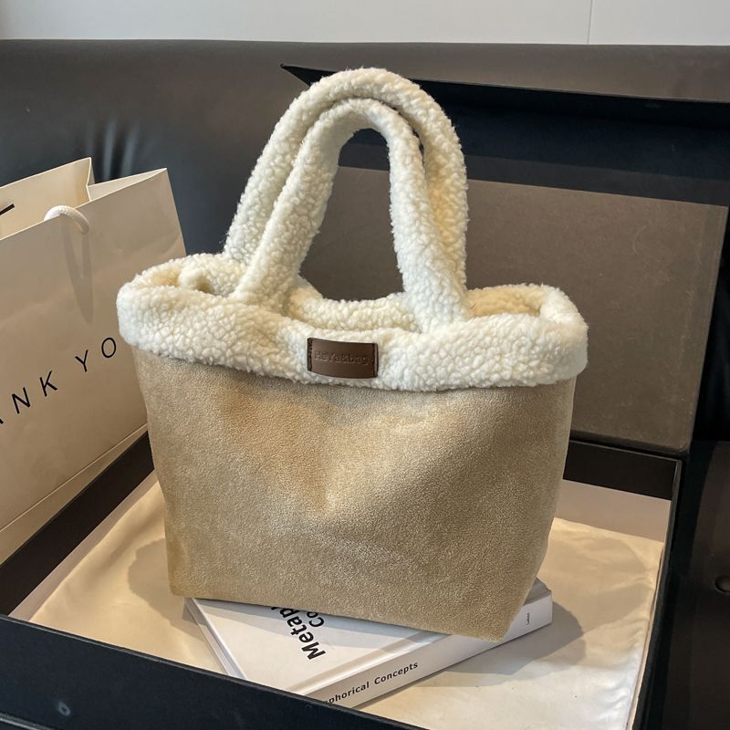 Borsa Cesto per Verdura Peluche in Pelle d'Agnello, Borsa a Mano Doppia Faccia in Peluche, Borsa Secchio per Acqua da Donna