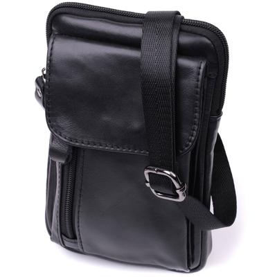 Vertical Men's Belt Bag Made of Genuine Leather Vintage Bag 22563 Black