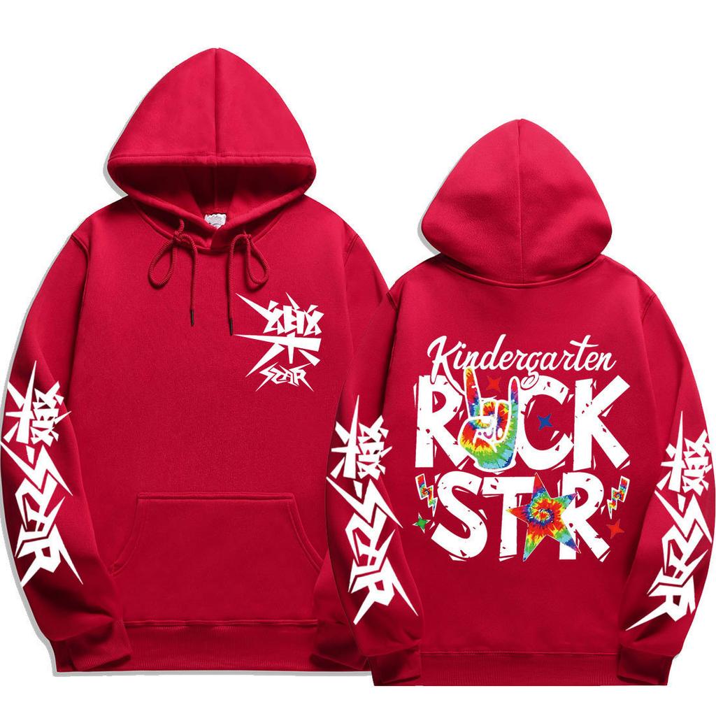 Stray Kids ROCK‑STAR Kindergarten Pullover Hoodie Front Sleeve Punk Logo Back Rock Hand Star Graphic Drawstring Hood Oversized Unisex K‑Pop Streetwear