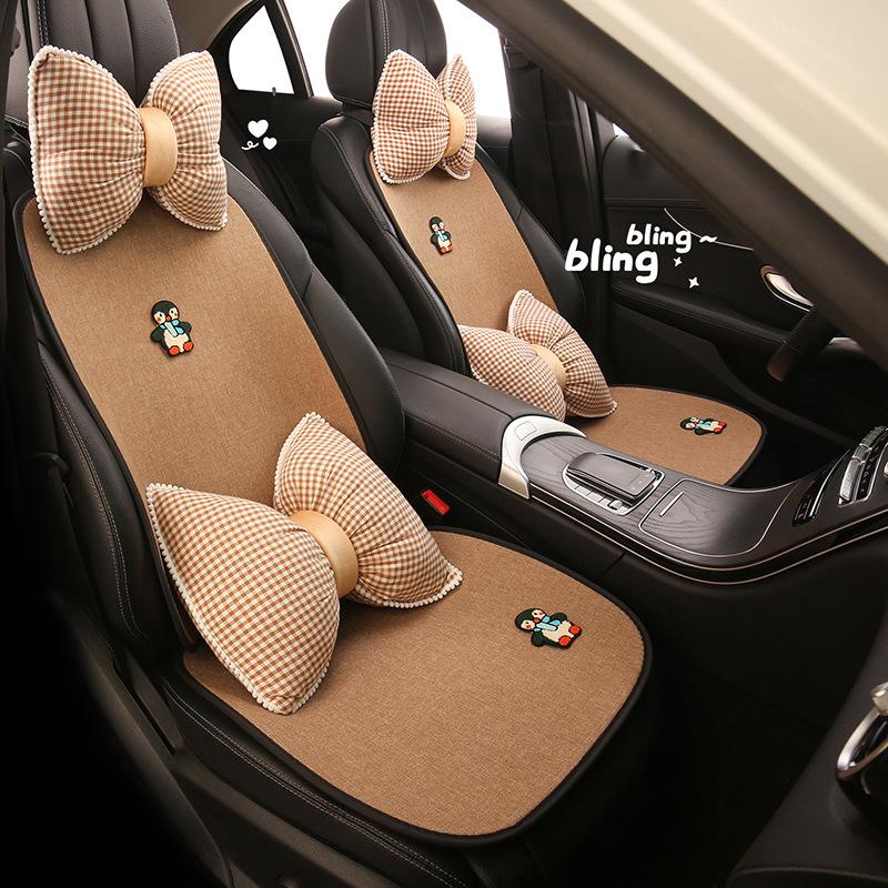 All-Season Penguin Cartoon Seat Cushion for Peugeot 408, 408X, 508, 4008 - Cotton Linen Design for Women