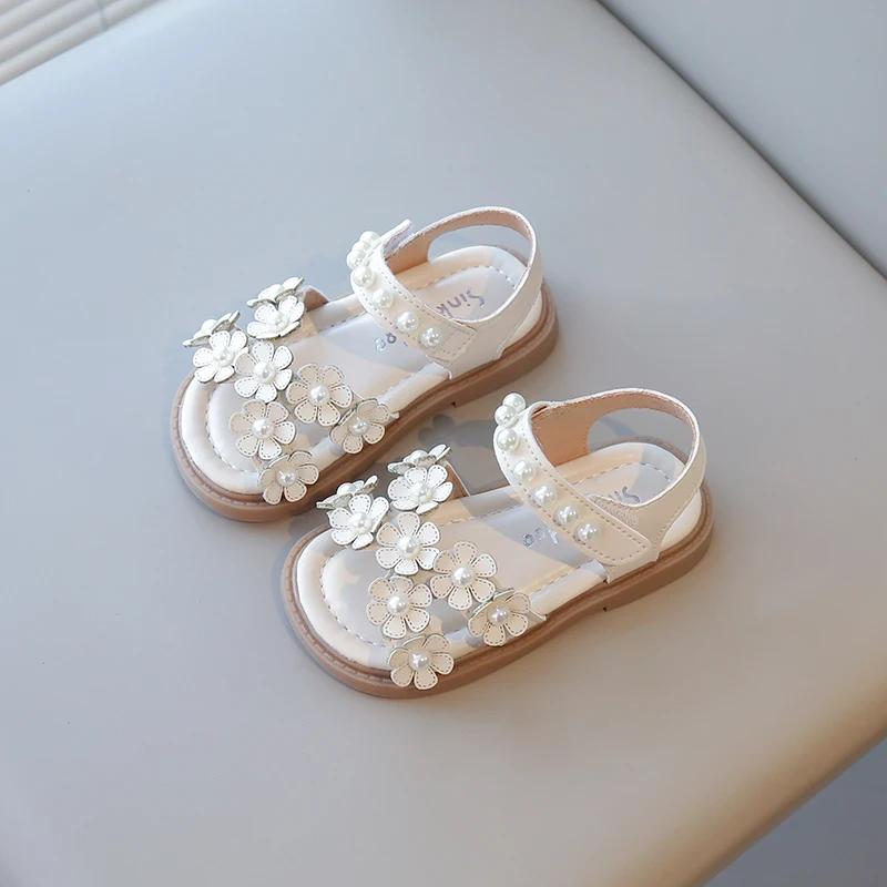 Little Girls Summer Shoes with Beads Princess Sweet Kids Floral Sandals Open Toes Anti-skid Size 21-30 Hook & Loop Bohemian Cute