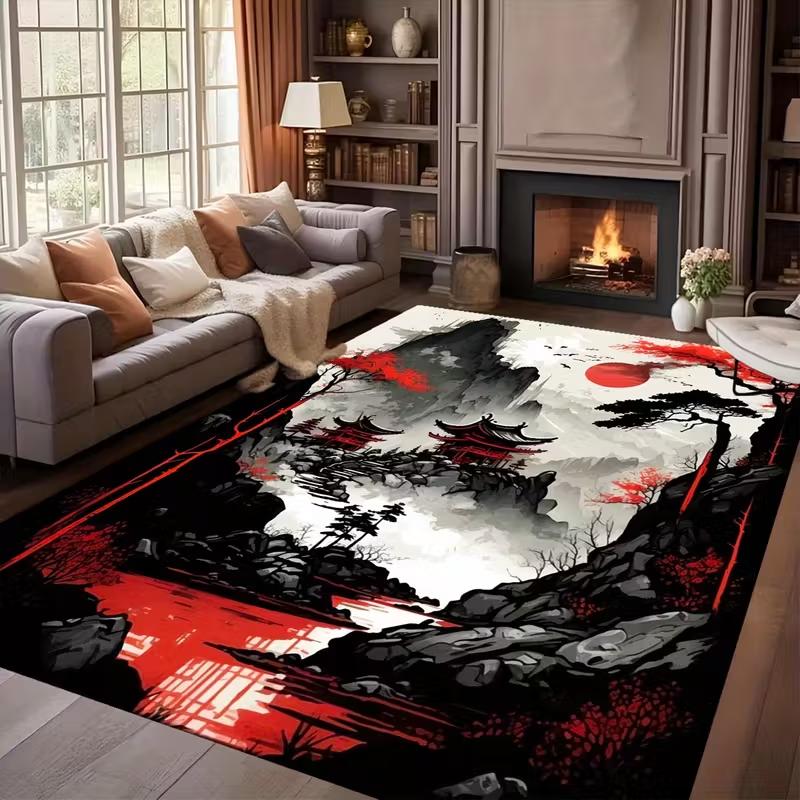 Red Sun Crow and Japanese Samurai Carpet in Ink Painting Mat for Living Room Bedroom Porch Office Coffee Table Home Decorative