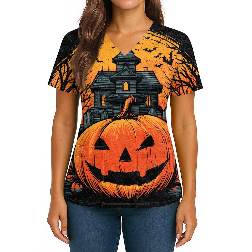 Women's Halloween Printed V-Neck Double Pocket Short Sleeves Hem Slit Uniform Caregiver Top