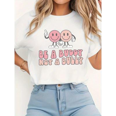 Letter Print T-shirt, Short Sleeve Crew Neck Casual Top for Summer & Spring, Women's Clothing
