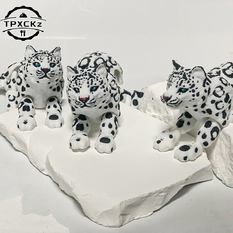 3D Printed Snow Leopard Model Simulation Multi-joint Movable Animals Figurine Miniatures Home Decoration