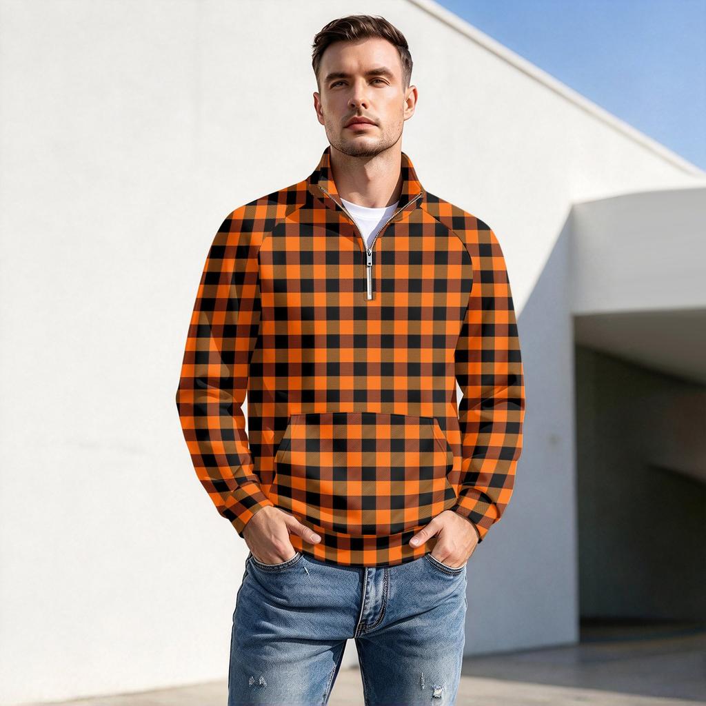 Men's Fall Winter Plaid Print Zip-Up Stand Collar Pullover Casual Wrinkle- Athletic Top