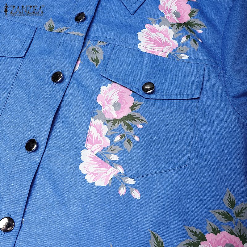 ZANZEA Women Casual Turn Down Collar Long Sleeve Loose Print Shirt Dress