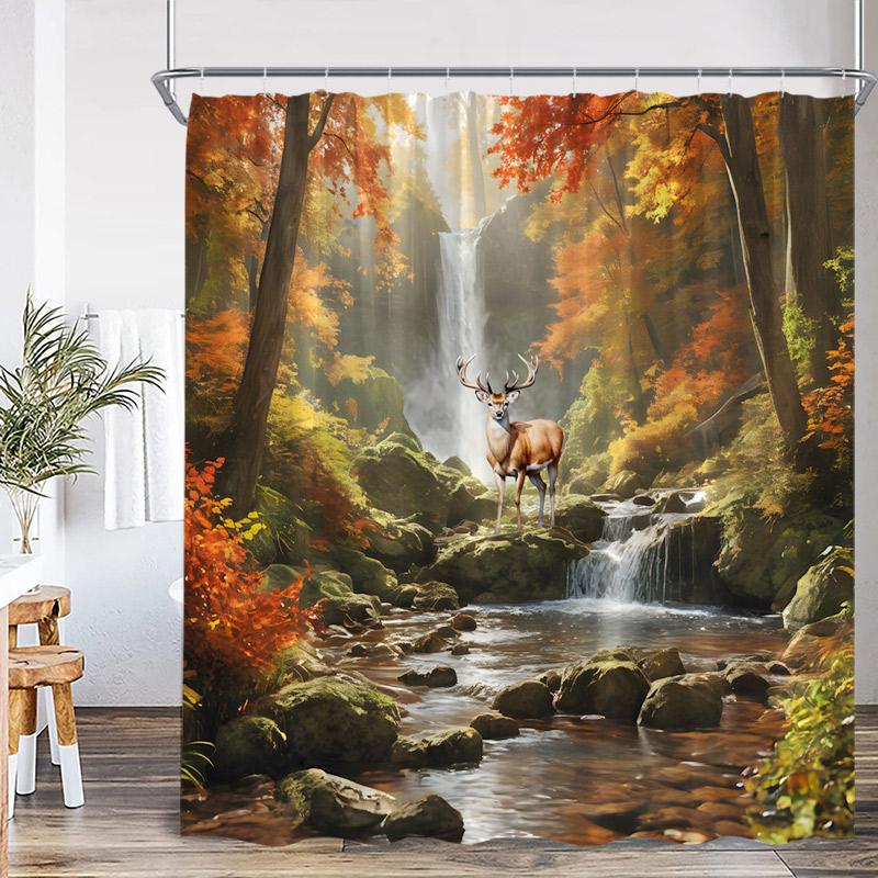 

Autumn Forest Elk Shower Curtains Wild Animal Deer Red Maple Trees Fall Nature Landscape Polyester Fabric Bathroom Curtain Decor 90x180cm-35x70in