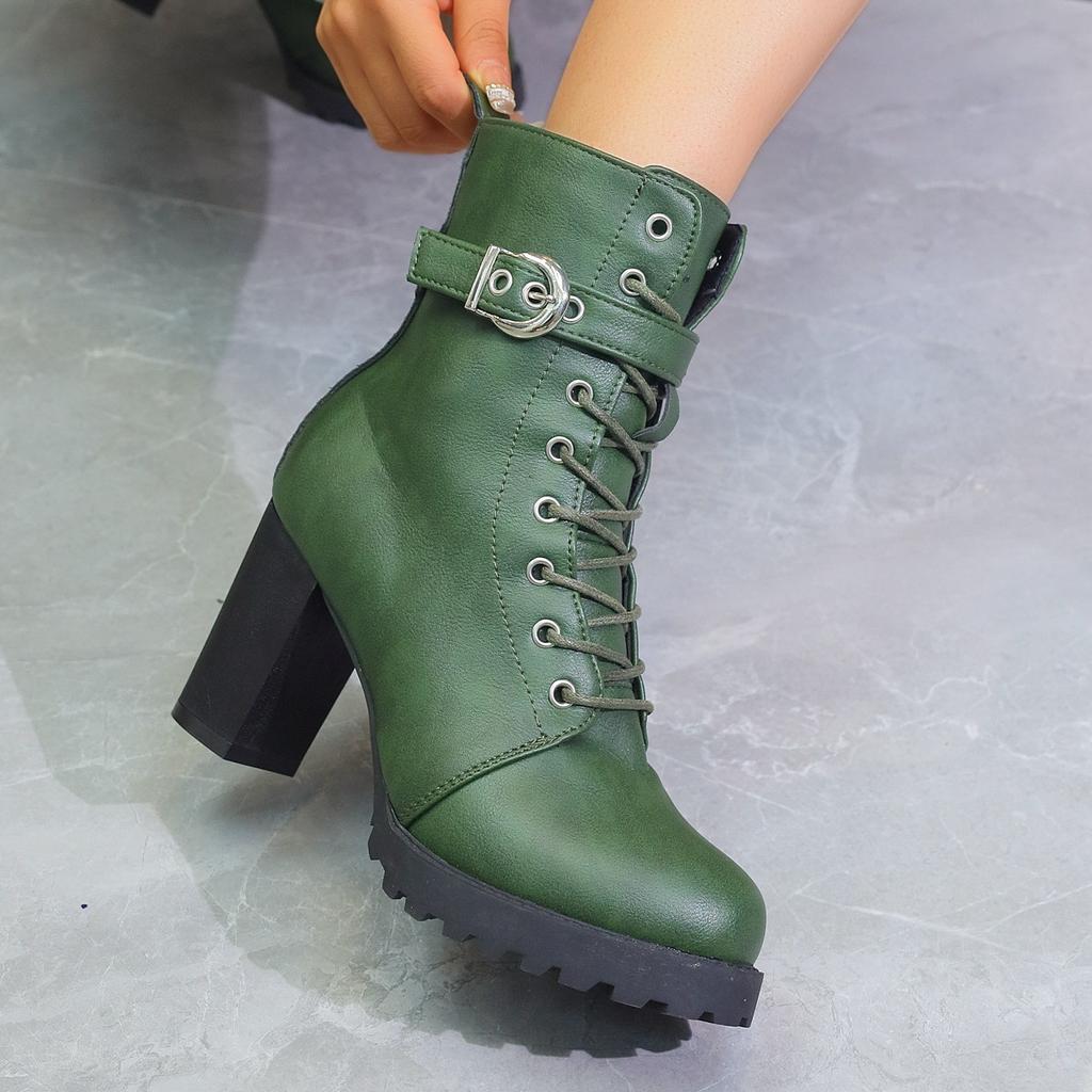 Autumn and winter new high-heeled short boots large size belt buckle European and American side zipper thick-heeled boots Martin boots