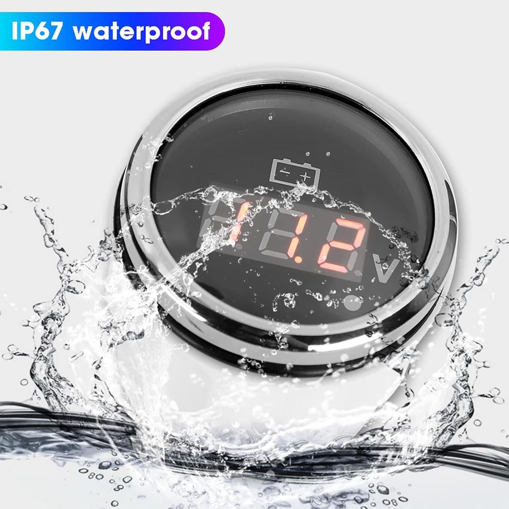 Voltage Gauge Battery Voltmeter 2in LED Digital Display Voltmeter, IP67 Waterproof Voltage Gauge Smart Alarm Voltage Gauge Universal for Boat