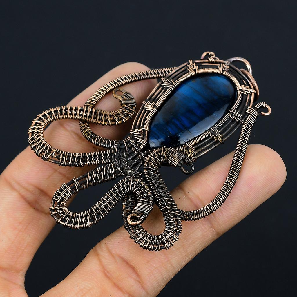 Natural Octopus Blue Labradorite Gemstone Copper Wire Wrap Pendant 3.35" f7C95