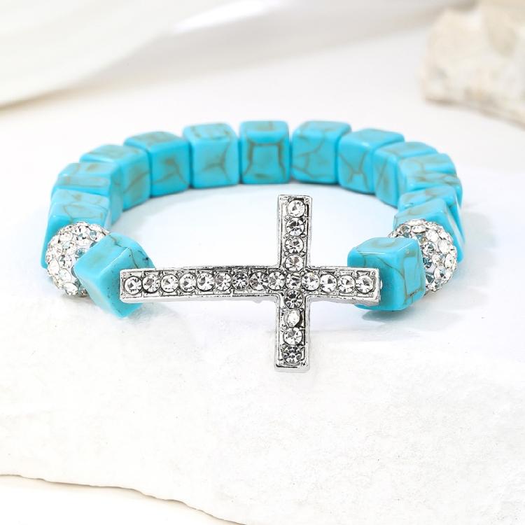 Turquoise Stone Crosses Stretch Bracelet Metal Beaded Elastic Jewelry Portable for Daily or Special Event